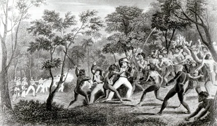 Aanval van de inboorlingen van de Gambier-eilanden, gegraveerd door Edward Finden, 1831